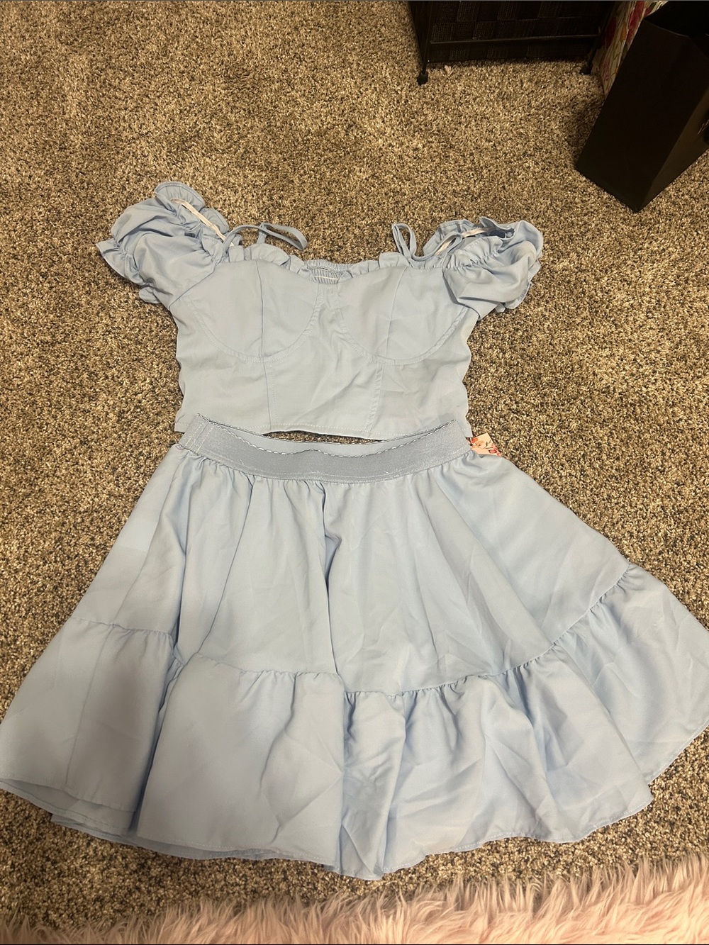 SHEIN Light Blue Puff Sleeve Crop Top & Tiered Skirt Set